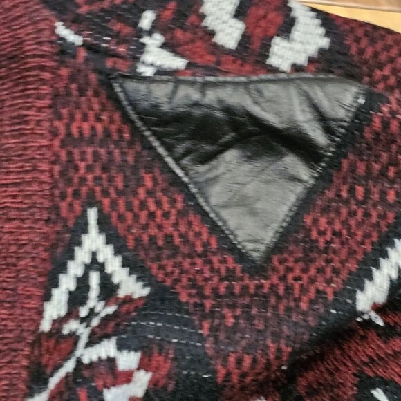 Vintage Mens Medium Grandpa Cardigan Sweater Maroon Geometric Leather Accents - Picture 3 of 7
